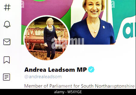 Twitter Seite (Juli 2019) - Rt Hon Andrea Leadsom MP-Staatssekretär für Wirtschaft, Energie und industrielle Strategie Stockfoto