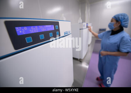 Ein chinesischer medizinischer Arbeiter führt Gentests auf befruchteten Eizellen oder Embryonen, die für die Test Tube Babies im Labor von der Provinz Shanxi reproduktive Scienc Stockfoto