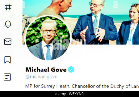 Twitter Seite (Juli 2019) - Rt Hon Michael Gove MP - Kanzler des Herzogtums Lancaster Stockfoto