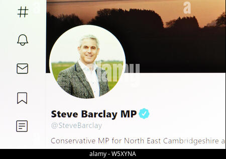 Twitter Seite (Juli 2019) - Rt Hon Stephen Barclay MP-Staatssekretär für das Verlassen der EU Stockfoto