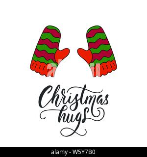 Weihnachten Umarmungen. Vektor Weihnachtskarte mit Schriftzug und Winter Abbildung. Stock Vektor