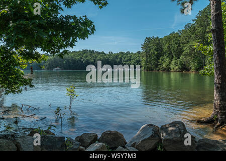 Ein Blick von der Küste in die Bucht am Lake Lanier, Georgien über Boote an einem sonnigen Tag im Sommer angedockt sind Stockfoto