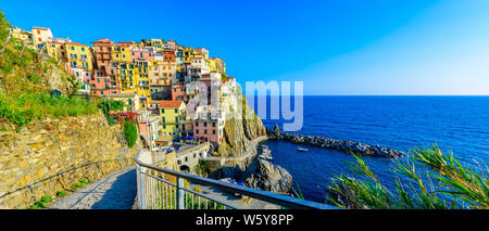 Manarola Dorf in der schönen Landschaft von Bergen und Meer - spektakuläre Wanderwege im Weinberg mit Blumen im Nationalpark Cinque Terre, Liguri Stockfoto