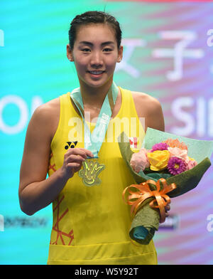 Michelle Li von Kanada besucht die Siegerehrung nach dem Finale der Damen Einzel gegen Han Yue aus China während der HSBC BWF World Tour Maca Stockfoto