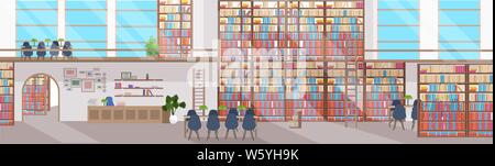 Moderne Bibliothek Innenraum leer keine Menschen Buchhandlung mit Bücherregalen Rezeption runde Tisch und Stühlen waagrechten Banner Stock Vektor