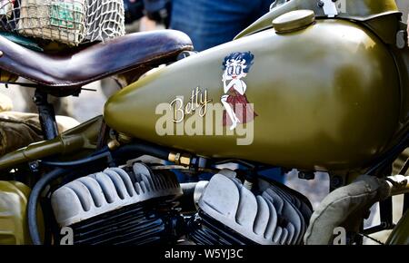 Weltkrieg 2 Harley-Davidson Motorrad auf der Shuttleworth militärische Airshow am 7. Juli 2019 Stockfoto