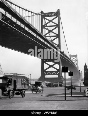 1920 s FLURFÖRDERZEUG UND PFERDEKUTSCHEN STRASSE UNTERHALB DER Ben Franklin Brücke über den Delaware River Philadelphia PA USA-b 3629 HAR 001 HARS WAGGONS VERBINDEN NEW JERSEY BENJAMIN FRANKLIN BRIDGE PFERDEKUTSCHEN UNTER DELAWARE RIVER SÄUGETIER SCHWARZ UND WEISS HAR 001 ALTMODISCH SUSPENSION BRIDGE Stockfoto