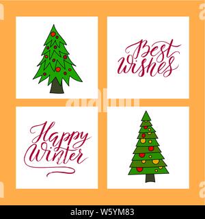 Vektor Weihnachtskarte mit Weihnachtsbaum und hand Schrift gesetzt. Stock Vektor