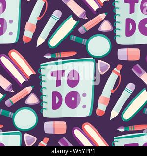 Die nahtlose Vektor Schule Muster mit zu tun, Planer, Bleistift, Stift, Buch, Radierer, Kugelschreiber. Studie Schreibwaren in einem flachen Stil. Stock Vektor