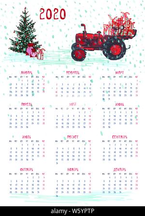 2020 Kalender Planer rot weihnachten mit Traktor, Tannenbaum und celebrateted Geschenke. Xmas Theme Woche beginnt am Montag. Russische Sprache Texte. Sca Stock Vektor