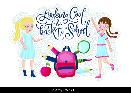 Vektor Schule Karte mit Flach- und doodle Illustrationen und handgezeichneten Schriftzug Zitat. Suchen cool und zurück in die Schule. Glückliche Mädchen mit bah und liefert. Stock Vektor