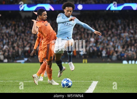 MANCHESTER, England - September 19, 2018: Leroy Sane der Stadt dargestellt, die während der UEFA Champions League 2018/19 Gruppe F Spiel zwischen Manchester City (England) und Olympique Lyonnais (Frankreich) bei Etihad Stadium. Stockfoto