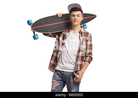 Teenager mit einem Longboard auf weißem Hintergrund Stockfoto