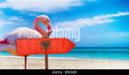 Albanien Flagge auf hölzernen Tisch am Strand Hintergrund mit rosa Flamingo. Es liegt am Strand und klares Wasser von Meer und blauer Himmel im Hintergrund. Es ist Stockfoto