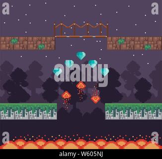 Retro videospiel Landschaft mit Terrain pixelated Stock Vektor