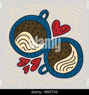 Doodle/Vector Illustration. Hand Farbe cartoon zwei Kaffeetassen mit Herzen gezeichnet. Stock Vektor