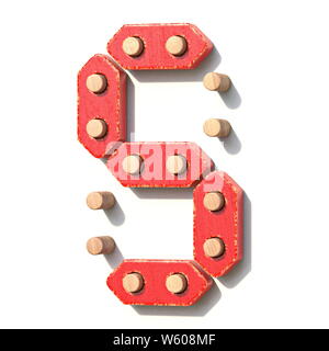 Holzspielzeug red digital Nummer 5 fünf 3D-Render Abbildung auf weißem Hintergrund Stockfoto