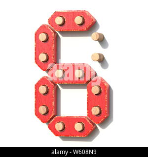 Holzspielzeug red digital Anzahl 6 sechs 3D-Render Abbildung auf weißem Hintergrund Stockfoto