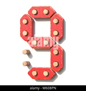 Holzspielzeug red digital Anzahl 9 neun 3D-Render Abbildung auf weißem Hintergrund Stockfoto