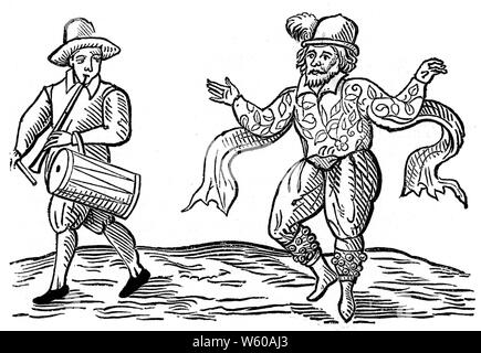 William Kemp tanzt die Morris, 1600. Das Frontispiz von Kemps Nine Daies Wonder spielte in einer Daunce von London nach Norwich. William Kempe (d1603), allgemein als will Kemp bezeichnet, englischer Schauspieler und Tänzer, der sich auf Comicrollen spezialisiert hat. Am besten bekannt, dass er einer der ursprünglichen Spieler in frühen Dramen von William Shakespeare war. Stockfoto