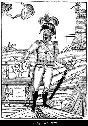 John Churchill, 1. Duke of Marlborough (Malborouk), 19. Jahrhundert. Illustration von einer französischen Breitseite zum Lied 'Marlbrough s'en va-t-en guerre' (Marlborough hat sich für den Krieg aufgemacht). Die burleske Klage über den Tod von John Churchill, 1. Herzog von Marlborough (1650-1722) wurde auf ein falsches Gerücht über dieses Ereignis nach der Schlacht von Malplaquet im Jahr 1709 geschrieben, die blutigste Schlacht des Krieges der spanischen Erbfolge. Stockfoto