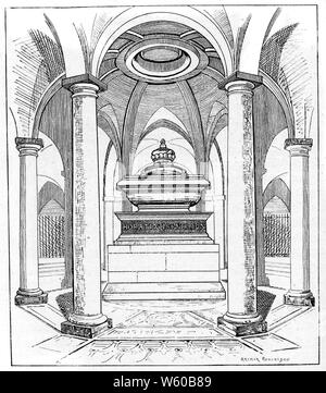 Nelson's Monument, in der Krypta der St Paul's Cathedral, London, 19.. Jahrhundert. Von Arthur Robertson. Lord Nelson (1758-1805) wurde 1805 in der Schlacht von Trafalgar getötet und nach einer staatlichen Beerdigung in St. Paul's begraben. Er wurde in einem Sarg aus dem Holz eines französischen Schiffes begraben, das er im Kampf besiegte. Der schwarze Marmor-Sarkophag, der sein Grab schmückt, wurde ursprünglich für Kardinal Wolsey, Lordkanzler, gemacht, aber nach Wolseys Unwohlsein blieb er ungenutzt in Windsor, bis ein geeigneter Empfänger gefunden werden konnte. Nelsons viscount-Koronett ist jetzt der beste Sarkophag. Stockfoto