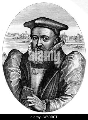 George Abt, Erzbischof von Canterbury, 1616. Nach Simon va de Passe (1595-1647). George Abt (1562-1633), Erzbischof von Canterbury von 1611 bis 1633. Abt diente auch als der vierte Kanzler des Trinity College, Dublin, von 1612 bis 1633. Abt ist hier mit der Themse und Lambeth Palace hinter ihm gesehen. Stockfoto