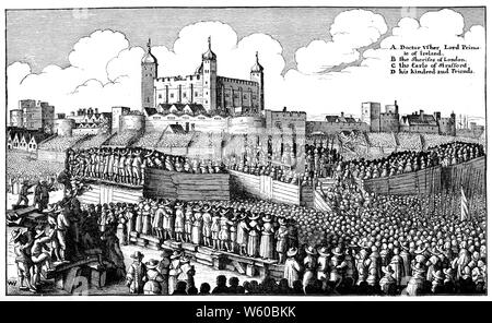 Ausführung von Strafford, 1641. Nach Wenzel Hollar (1607-1677). Thomas Wentworth, 1. Earl of Strafford (1593-1641), englischer Staatsmann und wichtige Figur in der Zeit bis zu den Englischen Bürgerkrieg. Er diente im Parlament und war ein Anhänger des Königs Karl I., wenn das Parlament verurteilt Wentworth zu Tod, Charles widerwillig unterzeichnet das Todesurteil und Wentworth ausgeführt wurde. Stockfoto