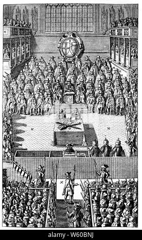 Eine Platte, die den Prozess von Karl I. im Januar 1649 darstellt, aus John Nalsons 'Record of the Trial of Charles I' 1684. Charles I. (1600-1649), König von England, Schottland und Irland vom 27. März 1625 bis zu seiner Hinrichtung im Jahr 1649. Charles's letzten Jahre waren geprägt von der englischen Bürgerkrieg, der zu seinem späteren Tod führte. Er wird oft als König Karl der Märtyrer bezeichnet. Stockfoto