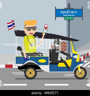 Backpacker touristische Reiten auf Tuk Tuk (Taxi Fahrzeug mit drei Rädern) mit mobile Navigation Karte Anwendung auf Smart Phone für Richtung infor Stock Vektor