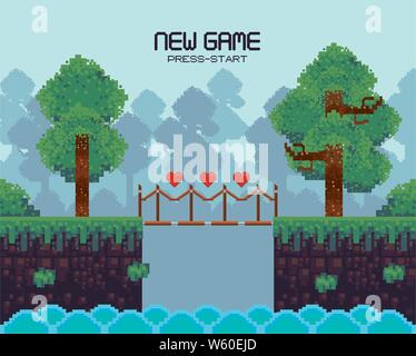 Retro videospiel Landschaft mit Terrain pixelated Stock Vektor