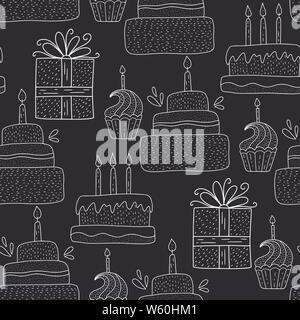 Happy birthday Vektor nahtlose Muster. Netten gruss Abbildung mit Doodle Partei Süßigkeiten und Kuchen. Stock Vektor