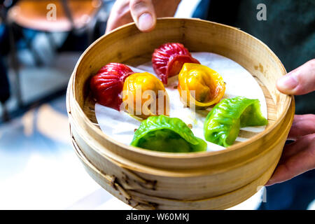 Bunte Knödel, gedämpfte Dim-Sum-platter an Baozi Inn, Halle, London, UK Stockfoto