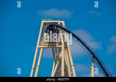 Tampa Bay, Florida. Juli 12, 2019. Blick von oben auf die erstaunliche Montu in Busch Gardens Achterbahn. Stockfoto