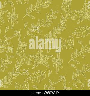 Weihnachten Vektor nahtlose Muster mit detaillierten Urlaub Illustrationen. Übersicht Weihnachten Socken, Spielwaren und florar Dekorationen. Stock Vektor