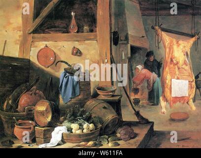 David Teniers der Jüngere - Küche Interieur mit Still-Leben und Geschlachteten Ochsen 77 l085 ein. Stockfoto