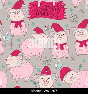 Weihnachten Vektor nahtlose Muster mit detaillierten Urlaub Illustrationen mit niedlichen Schweine und Beschriftung - Weihnachten Erinnerungen. Stock Vektor