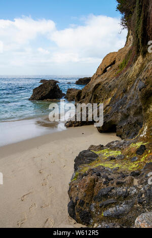 Spuren im Sand bei Ebbe. Farbenfrohe Moos und anderen lebenden Organismen wachsen auf der Nordseite Klippen von Wood's Cove, Laguna Beach, Kalifornien. Stockfoto