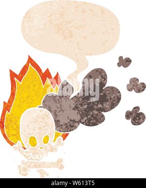 Cartoon spooky brennende Knochen mit Sprechblase in grunge Distressed retro strukturierte Stil Stock Vektor