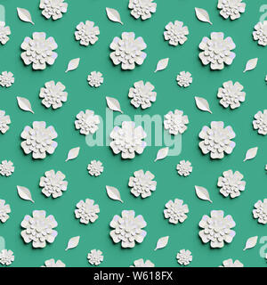 3 Demian Bild des weißen Papiers ausschnitt Blumen auf mint grün hinterlegt. 3D-Abbildung: Papier florals Stockfoto