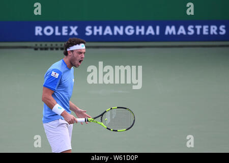 Hubert Hurkacz von Polen feiert Nachdem Sie gegen Chung Hyeon von Südkorea in der zweiten Runde der Männer singles während der Rolex Stockfoto