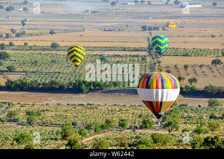 Bunte Hot Air Balloon Landing in ländlichen Bauernhof Feld Stockfoto