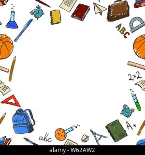 Rahmen mit Platz für Text mit Schule Elemente auf Rückkehr auf dem ersten September in die Doodle-Stil von Hand in die Schule - zeichnen in Farbe. Vektor illu Stock Vektor