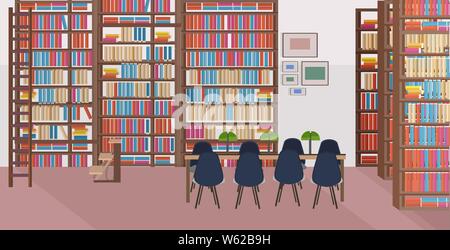 Moderne Bibliothek Innenraum leer keine Menschen Buchhandlung mit bücherregale runde Tisch und Stühlen waagrechten Banner Stock Vektor