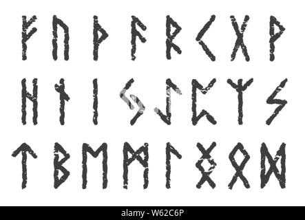 Alte skandinavische Alphabet Runen set Farbe weiß auf schwarzem Hintergrund - Vektor Skript Symbole Stock Vektor