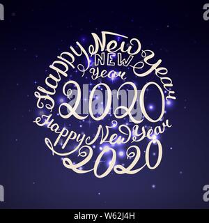 2020 für das neue Jahr. Kalligrafische handschriftliche Beschriftung. Vector Illustration. Blauer Hintergrund Stock Vektor