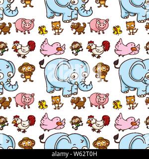 Nahtlose Muster Fliesen cartoon mit Elefant, Schwein, Huhn und Monkey Abbildung Stock Vektor