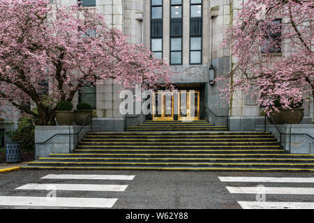 VANCOUVER, KANADA - 26. MÄRZ 2019: Historisches Gebäude des Rathauses an der 12th Avenue mit Kirschblütenbäumen. Stockfoto