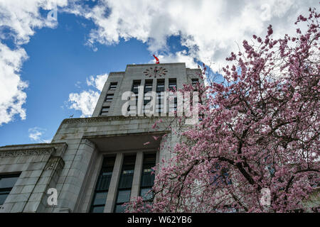 VANCOUVER, KANADA - 26. MÄRZ 2019: Historisches Gebäude des Rathauses an der 12th Avenue mit Kirschblütenbäumen. Stockfoto