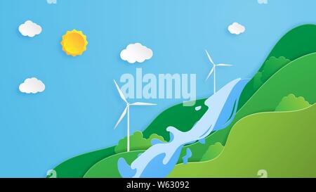 Kreative Abbildung: Ökologie und Naturschutz Konzept in Papier schneiden Stil. Green Eco Energie System mit Natur Landschaft, Wasserfall und wi Stock Vektor